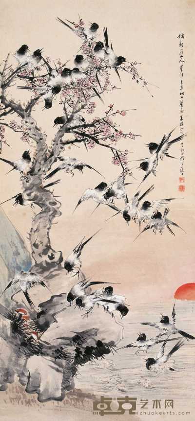 朱偁 1899年作 福寿喜鹊 立轴 104×48.5cm